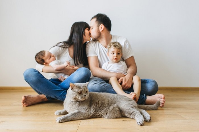 Семья, сидящая на полу с кошкой как идея для фото новорожденных