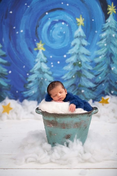 Новорожденный в ведре в снежной сцене как пример идеи фото новорожденных