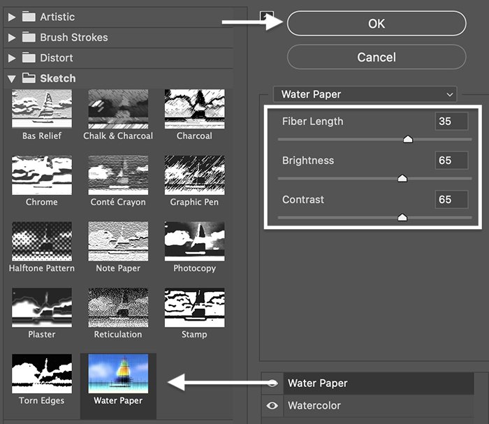 Photoshop скриншот фильтр галерея эскиз вода бумага