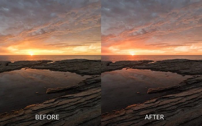Фотография береговой сцены до и после улучшения цвета