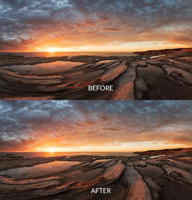 До и после пейзажных снимков скалистого побережья
