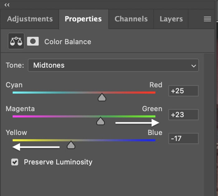 Скриншот Photoshop с оттенками цветового баланса