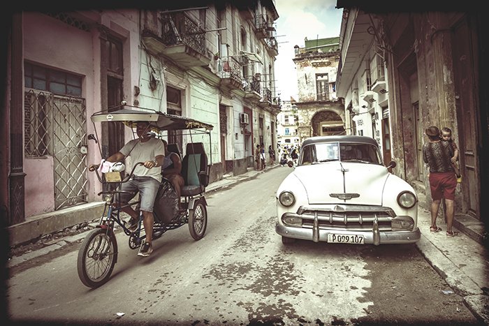 Cuba street scene with vintage vignette and frame