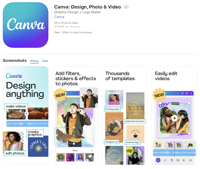 Скриншот приложения Canva с водяным знаком в Apple App Store
