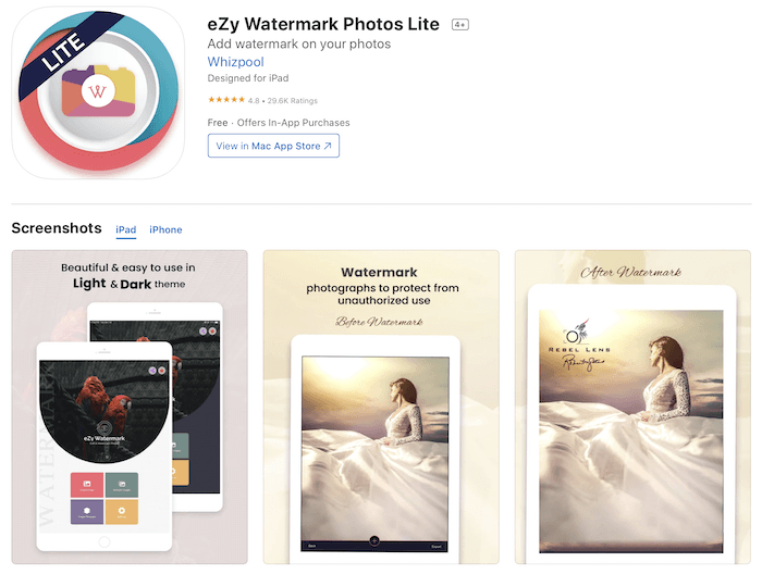 Скриншот приложения eZy Watermark Photos Lite для создания водяных знаков в Apple App Store.