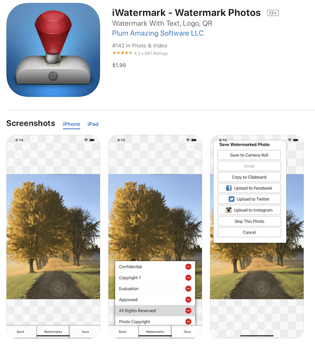 Снимок экрана приложения iwatermark в Apple App Store.