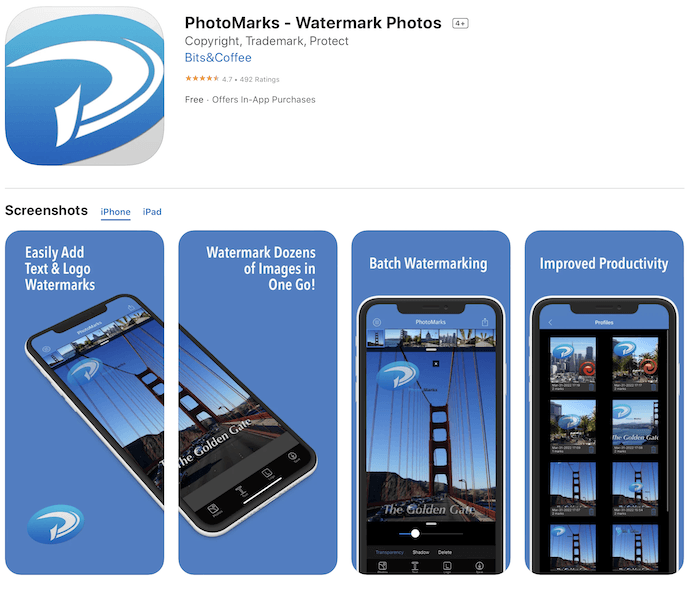Скриншот приложения Photomarks watermark в Apple's App Store.