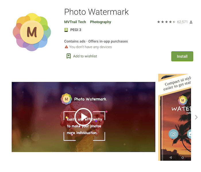 Снимок экрана приложения Photo Watermark в магазине Google Play.