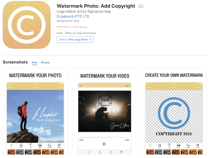 Снимок экрана приложения Watermark Photo в Apple App Store.