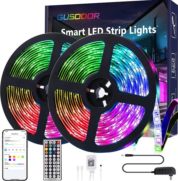 Gusodor LED strip lights product photo with remotes and app